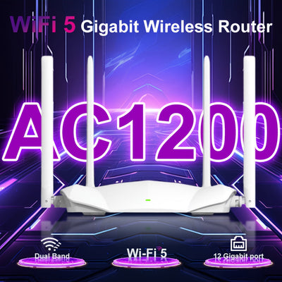 Enrutador WiFi 5 H96 MAX AC1200 de doble banda con 2.4G y 5G, enrutador inalámbrico de +300 Mbps AC1200, 802.11ac MIMO, señal penetrante, control por app, para 12 dispositivos simultáneos en juegos y streaming