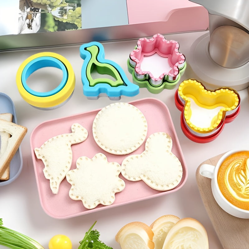 Juego de Cortador y Sellador de Sándwiches de 4 Piezas - Acero Inoxidable, Antiadherente para Hacer Galletas y Pan DIY - Formas Divertidas Incluyendo Dinosaurio, Ratón, Flor, Círculo - Ideal para Niños y Adultos, Colores Aleatorios