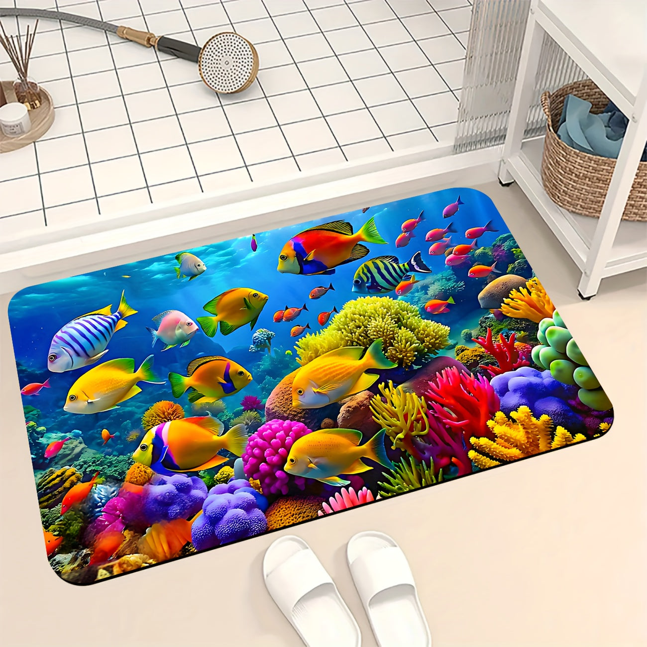 Alfombra de vida marina vibrante - Antideslizante, fácil de limpiar en poliéster con diseño de arrecife de coral colorido y peces tropicales, ideal para decoración de sala, dormitorio, cocina, oficina y baño, tapete para baño