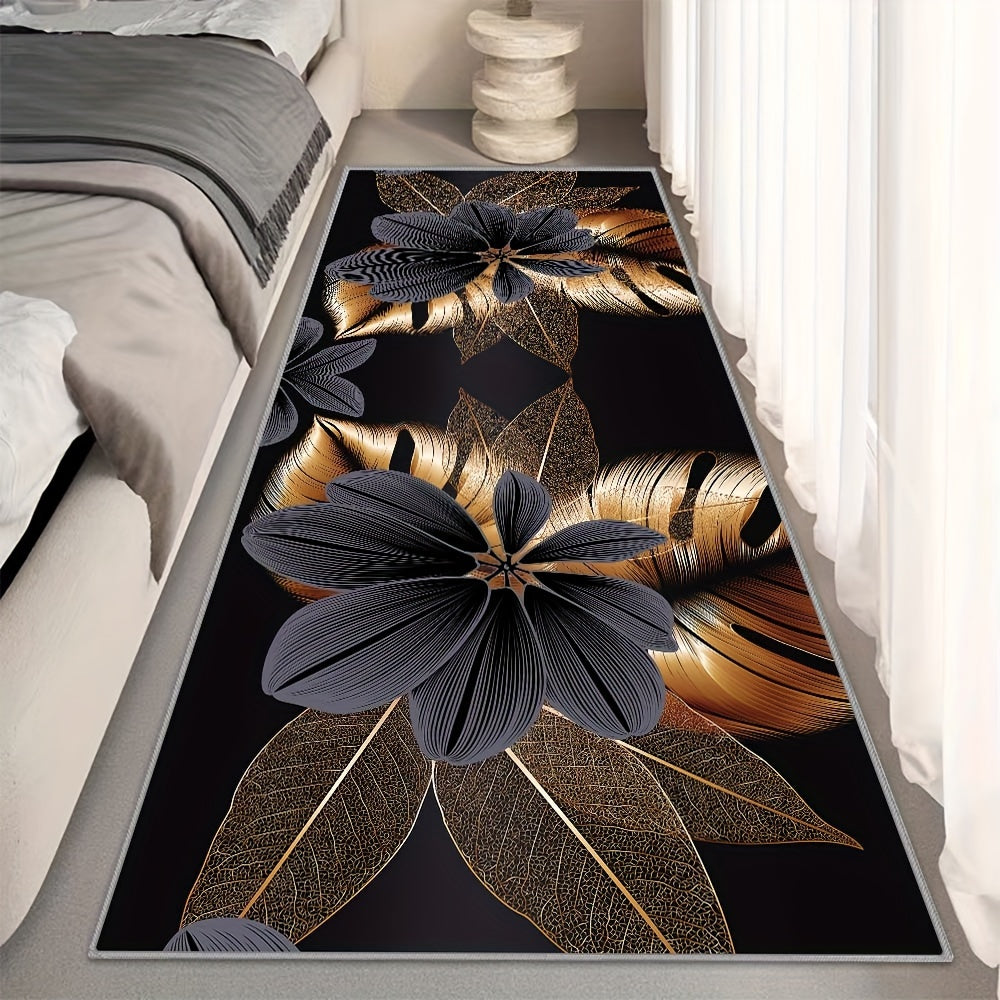 1 pieza de Terciopelo Cristal de 800g con Grosor de 0.8cm, Fondo y Blanco con Patrón Dorado Largo, Alfombra de Poliéster de Lujo, Antideslizante para Puerta, Ligera, Adecuada para Dormitorio, Porche y Espacio Interior, Lavable a Máquina, Estera Larga