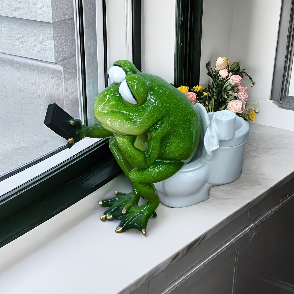 Figurina de resina de rana juguetona de 14.48 cm, decoración versátil para el hogar y la oficina, ideal para sala de estar, estudio o jardín