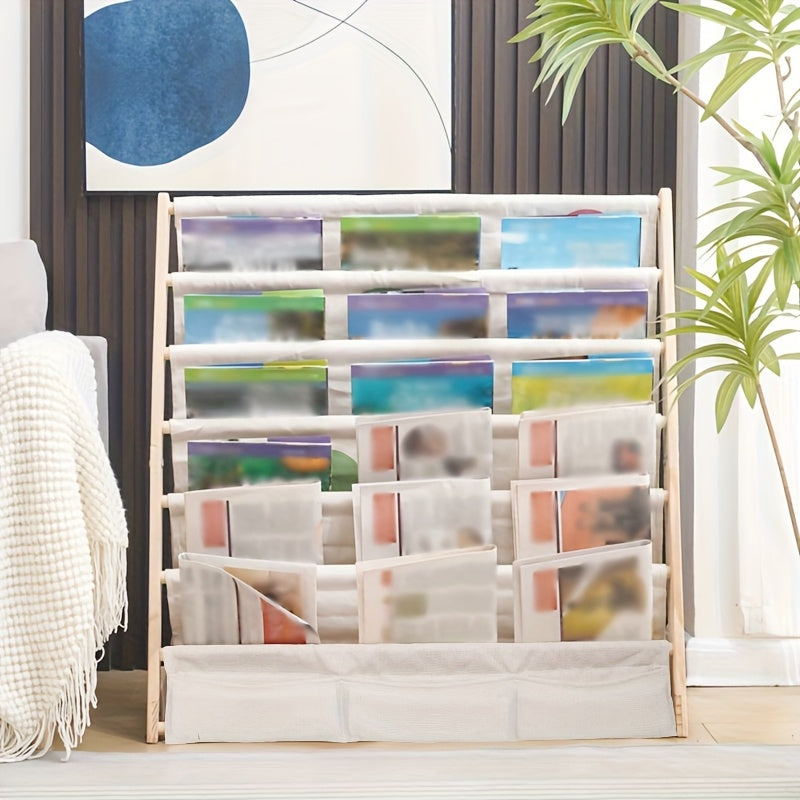 1pc Estantería Clásica de Madera Multinivel con Almacenamiento de Tela - Organizador Versátil para Libros, Revistas, Archivos | Ideal para Estudio, Dormitorio, Decoración de Oficina | No Necesita Energía