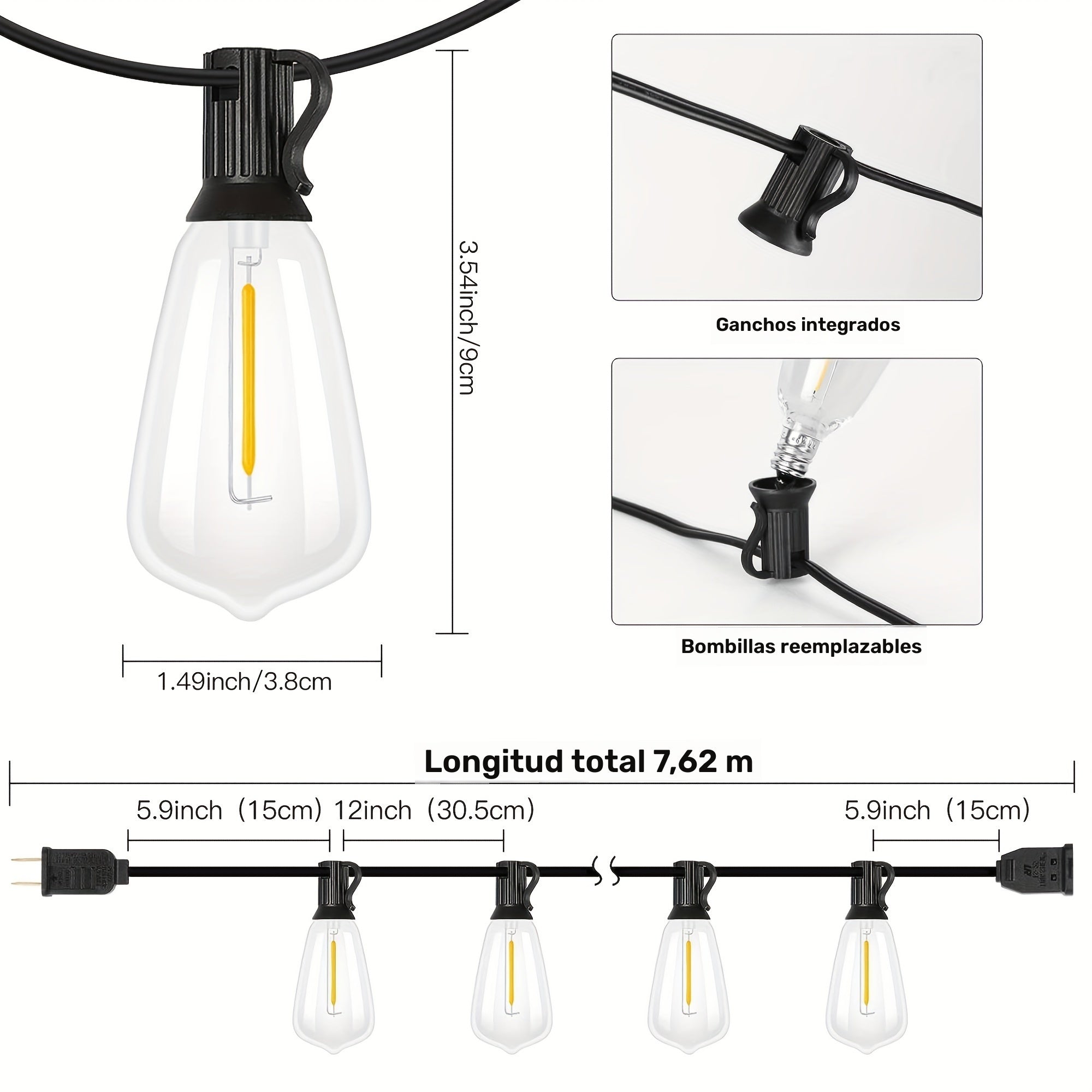 30.48 metros de luces LED, guirnalda impermeable para exteriores ST38 con 50+2 bombillas, 110V-130V, enchufe estadounidense, material PP, sin cambio de color, ideal para el día de San Valentín, Navidad, decoración de Halloween, sin batería.