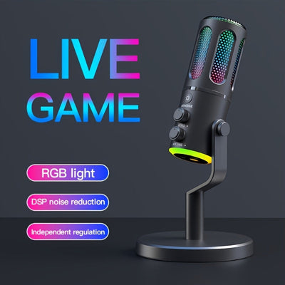 RIKSOIN USB Micrófono de condensador para juegos con luces RGB, Plug & Play con cancelación de ruido - Calidad de sonido profesional, brazo y soporte ajustables, alimentado por USB-C para juegos de PC, podcasting, transmisión en vivo, karaoke, videoconfe