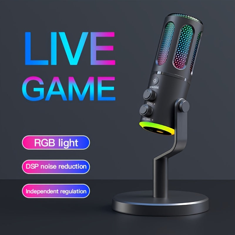 RIKSOIN USB Micrófono de condensador para juegos con luces RGB, Plug & Play con cancelación de ruido - Calidad de sonido profesional, brazo y soporte ajustables, alimentado por USB-C para juegos de PC, podcasting, transmisión en vivo, karaoke, videoconfe