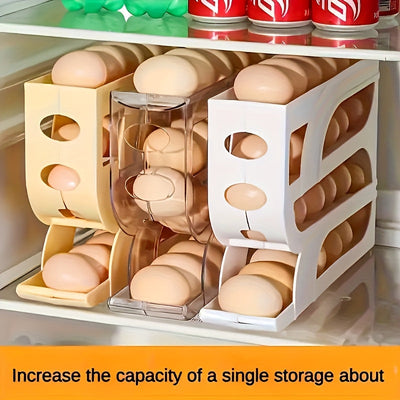 Un soporte de huevo de tres niveles para el refrigerador puede almacenar hasta 20 huevos a la vez, con un diseño de rodadura automática para el almacenamiento y distribución de huevos.