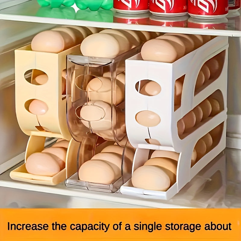 Un soporte de huevo de tres niveles para el refrigerador puede almacenar hasta 20 huevos a la vez, con un diseño de rodadura automática para el almacenamiento y distribución de huevos.