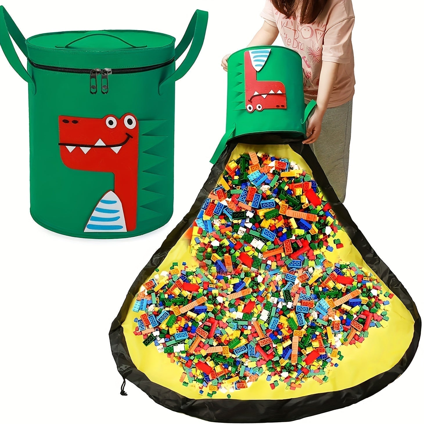 Bolsa de Almacenamiento Grande de Fieltro Verde con Alfombrilla de Juego Extraíble - Diseño de Animales Lindos, Antipolvo y Organizador para Juguetes y Accesorios