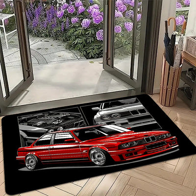 1 pieza, alfombrilla de puerta con patrón de coche rojo, negro y gris - Alfombrilla de suelo de poliéster suave con base de esponja de 1 cm, hecha a máquina, rectangular, perfecta para uso interior/exterior, ideal para sala de estar, dormitorio, decoraci