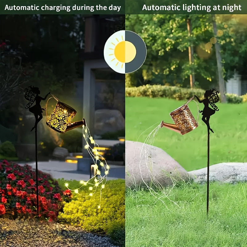 Lámpara de hadas con tetera de ángel a energía solar - Decoración vintage de metal para jardín, candelabro exterior para césped y patio