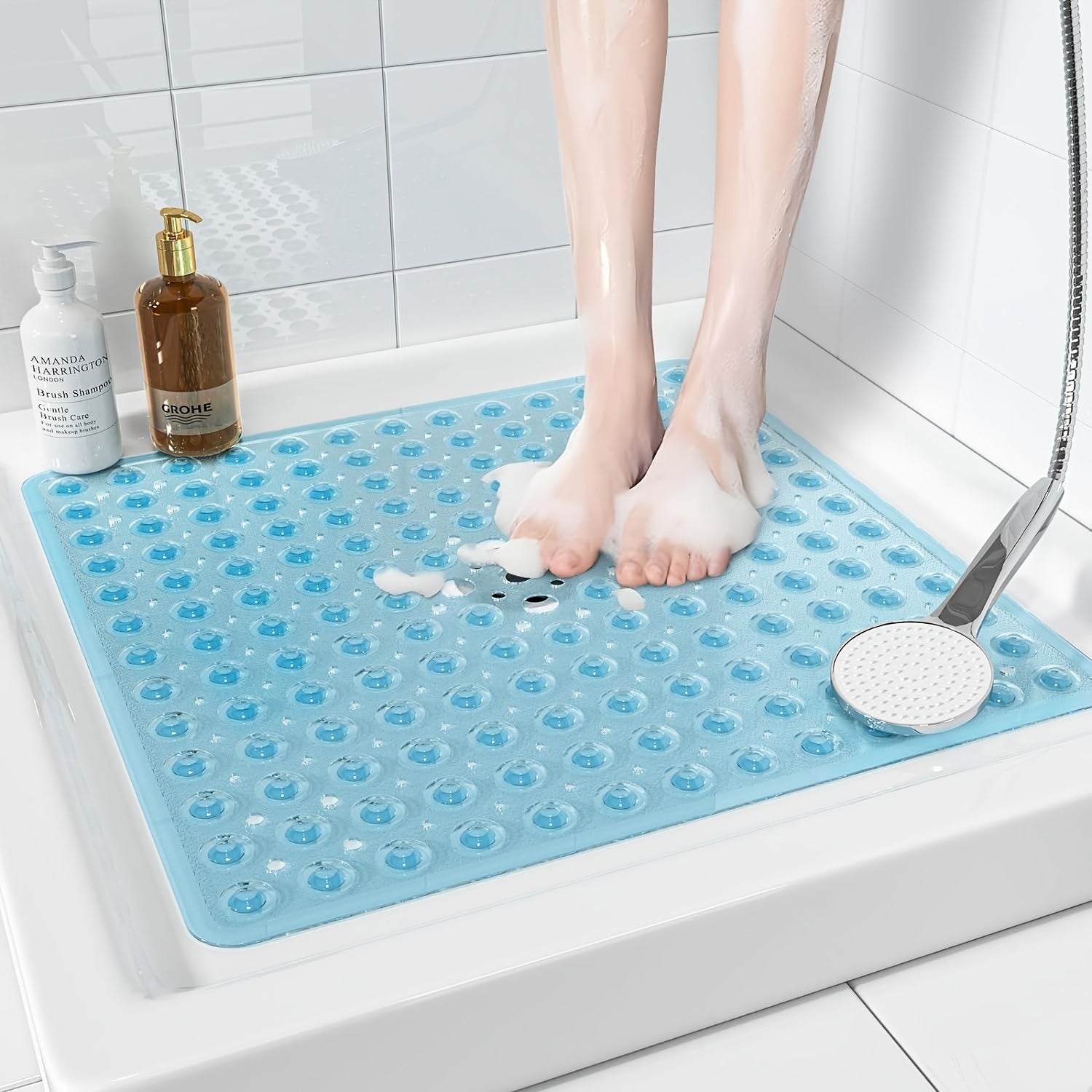 Alfombrilla de Baño Cuadrada de 1 pieza, Antideslizante con Orificio de Drenaje y Ventosas de Gran Capacidad de Absorción, Fácil de Limpiar, Lavable en Máquina, 53.34x53.34cm, Alfombra para Ducha, Alfombra para Bañera, Decoración del Hogar
