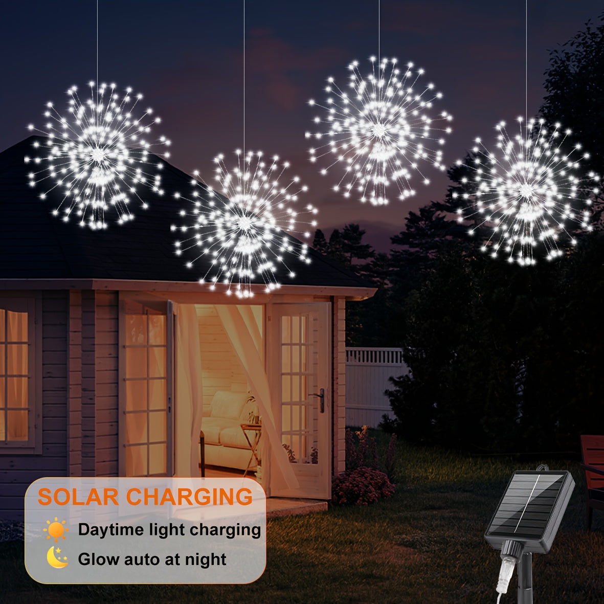 Luces de fuegos artificiales suspendidas alimentadas por energía solar, 8 modos de iluminación, alimentadas por energía solar, iluminación decorativa al aire libre, IP65, cálida/blanca/colorida, adecuadas para decorar fiestas de cumpleaños y fiestas navi
