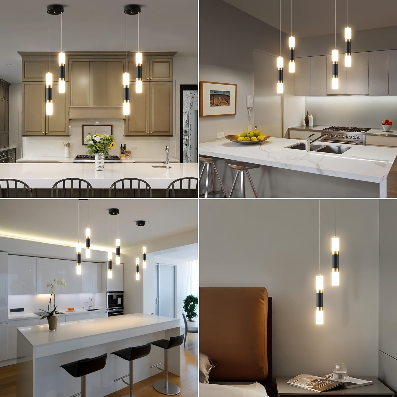 Luces Colgantes LED Elegantes de 2 y 3 Luces Regulables, Diseño Moderno en Negro y Dorado, Pantalla de Acrílico - Ideales para Isla de Cocina, Mesita de Noche de Dormitorio, Instalación Semi-Encastrada, Luces LED para Dormitorio