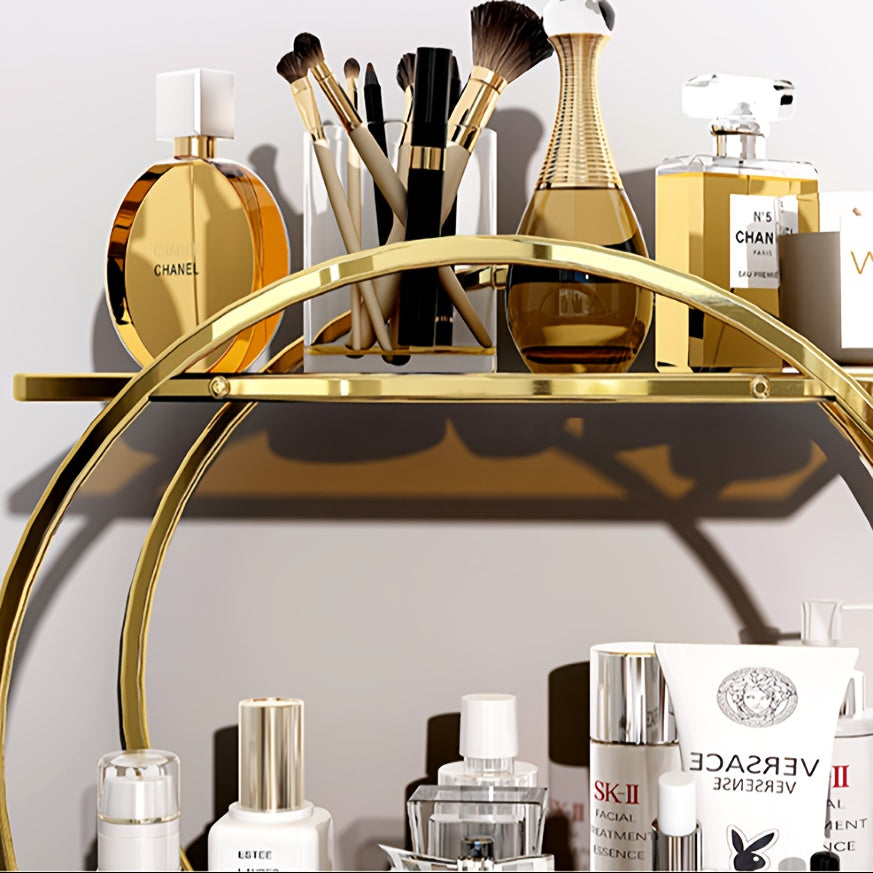 Organizador de Cosméticos Doble Capa de Acero Inoxidable - Estante Redondo Moderno de 27 Pulgadas para Cuidado de la Piel y Perfumes con Base de Mármol | Acabado Metálico Dorado, Regalo Perfecto para 10 Ocasiones Especiales
