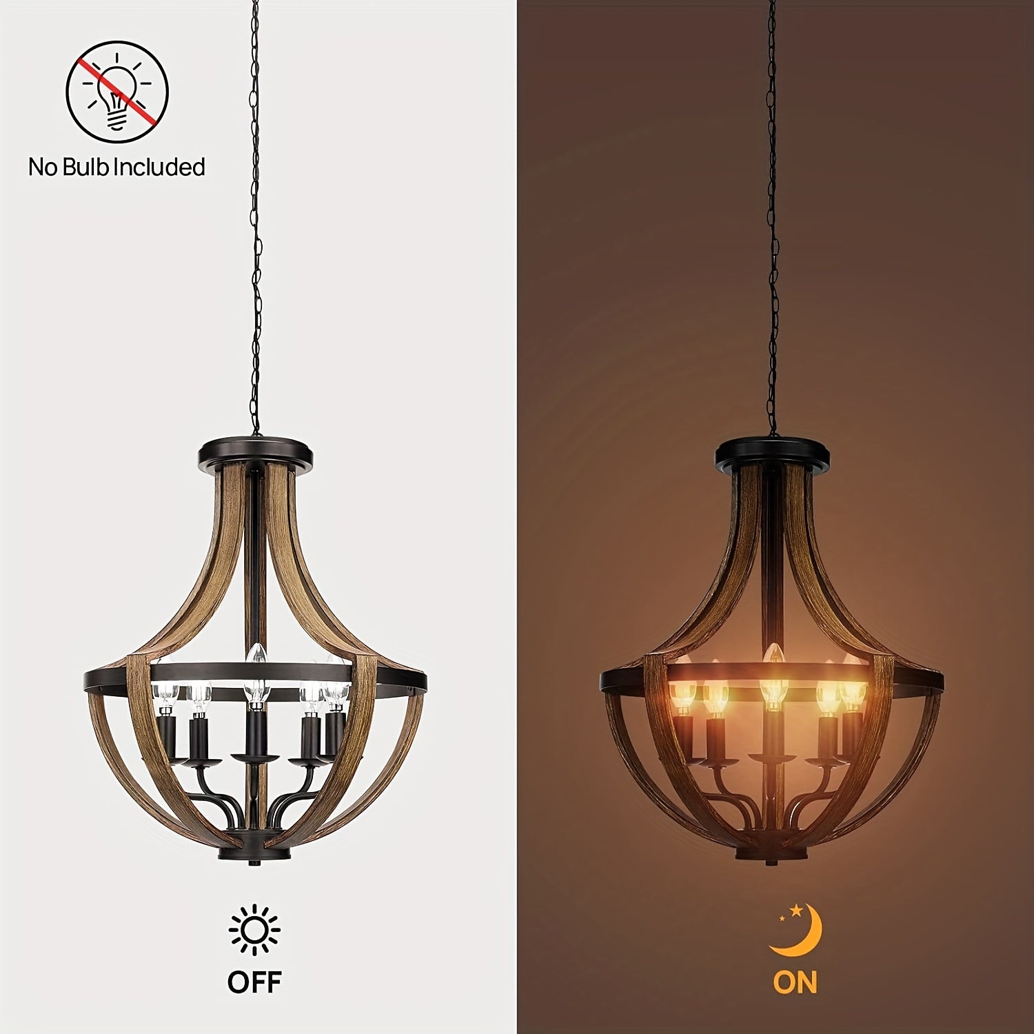 Lámpara colgante geométrica moderna para granja, 5 brazos de altura ajustable, montaje semi-inclinado, diseño de hierro negro y madera, colgante desmontable para comedor, vestíbulo, isla de cocina - No incluye bombilla, luces de techo para dormitorio