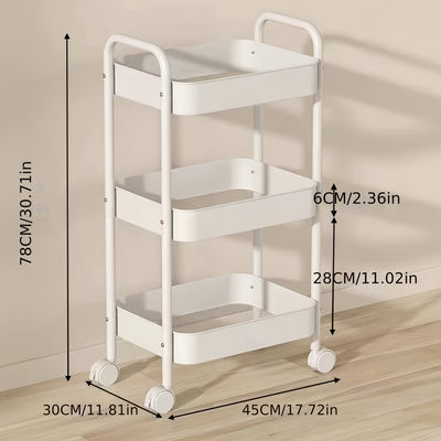 Carrito de almacenamiento metálico giratorio de 3 niveles, rosa/blanco/rojo, organizador móvil duradero con ruedas para cocina, baño y dormitorio, estante compacto que ahorra espacio para alimentos, snacks y artículos de hogar, gancho de utilidad.