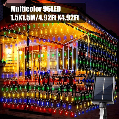 Luz de malla solar IP44 - 8 patrones, luces de cadena LED amarillas para jardín, patio, techo, balcón, árbol de Navidad, centro comercial, ideal para Halloween, Navidad, bodas y fiestas, alimentado por energía solar con batería de litio, luces de camping