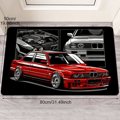 1 pieza, alfombrilla de puerta con patrón de coche rojo, negro y gris - Alfombrilla de suelo de poliéster suave con base de esponja de 1 cm, hecha a máquina, rectangular, perfecta para uso interior/exterior, ideal para sala de estar, dormitorio, decoraci
