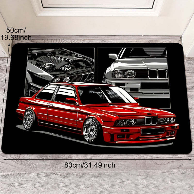 1 pieza, alfombrilla de puerta con patrón de coche rojo, negro y gris - Alfombrilla de suelo de poliéster suave con base de esponja de 1 cm, hecha a máquina, rectangular, perfecta para uso interior/exterior, ideal para sala de estar, dormitorio, decoraci