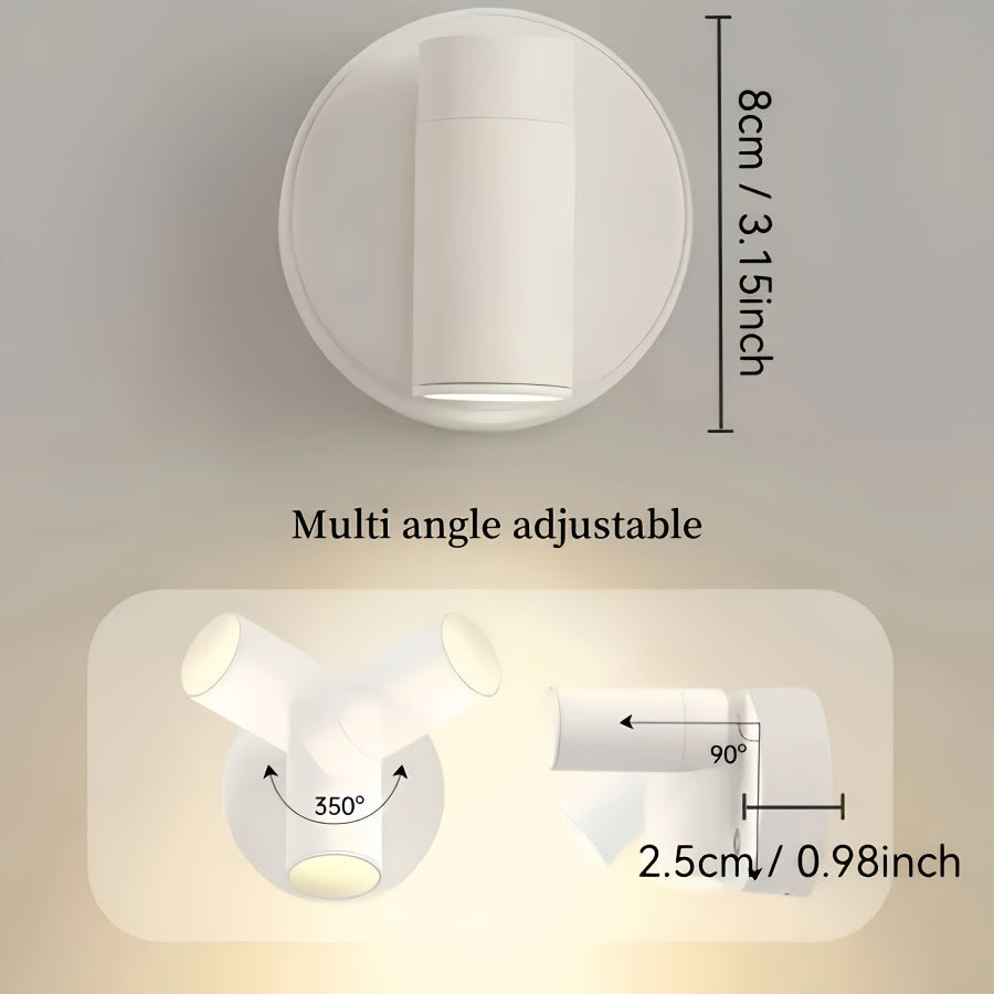 2 luces LED modernas para pared, alimentadas por USB, control táctil giratorio 360°, 3 colores ajustables, con batería recargable, montaje semiempotrado, para interior/exterior/sala/comedor/dormitorio, instalación magnética o independiente, material plás