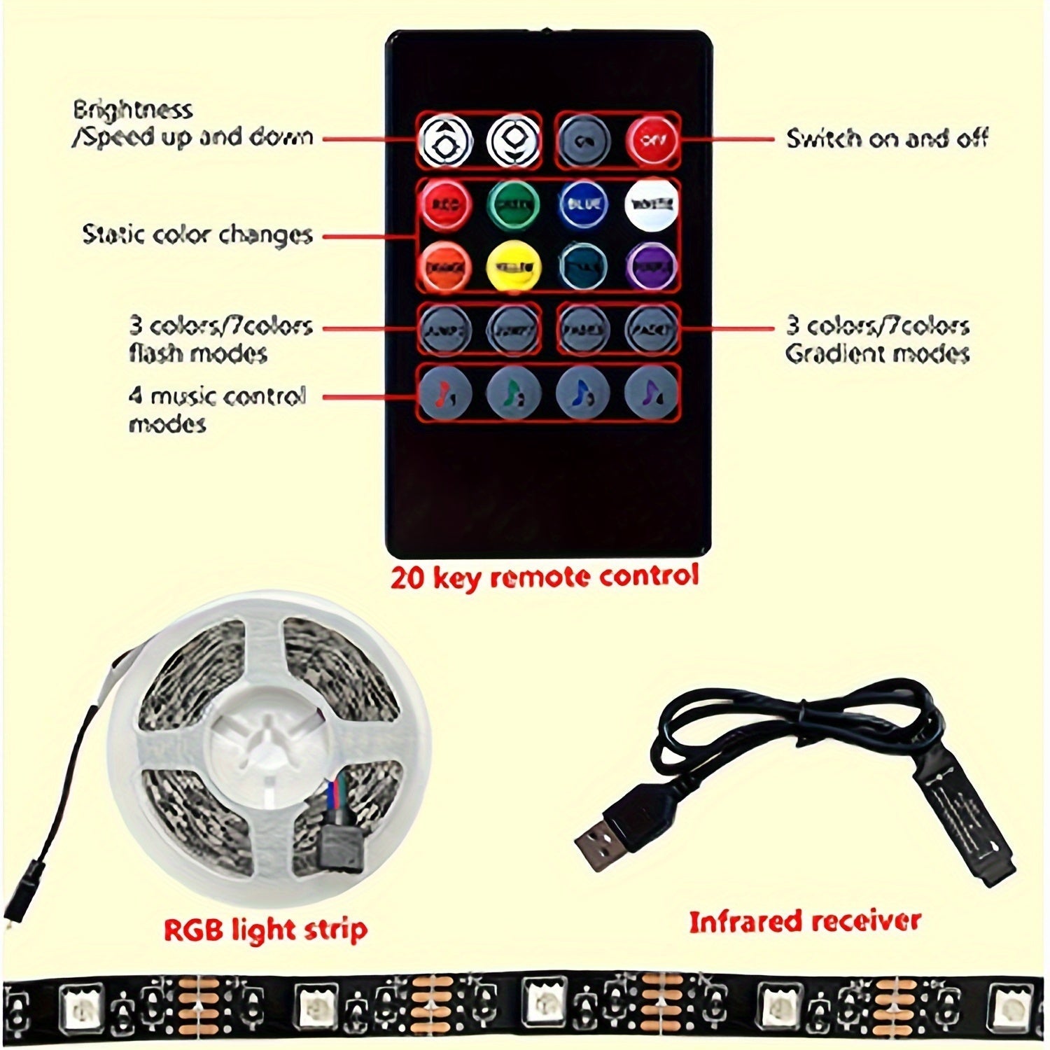 Tiras de luces LED RGB controladas a distancia para decoración del hogar - Alimentadas por USB, iluminación ambiental multicolor con control remoto de 22 teclas, batería de botón no recargable, se adapta a aplicaciones domésticas, sin función inalámbrica