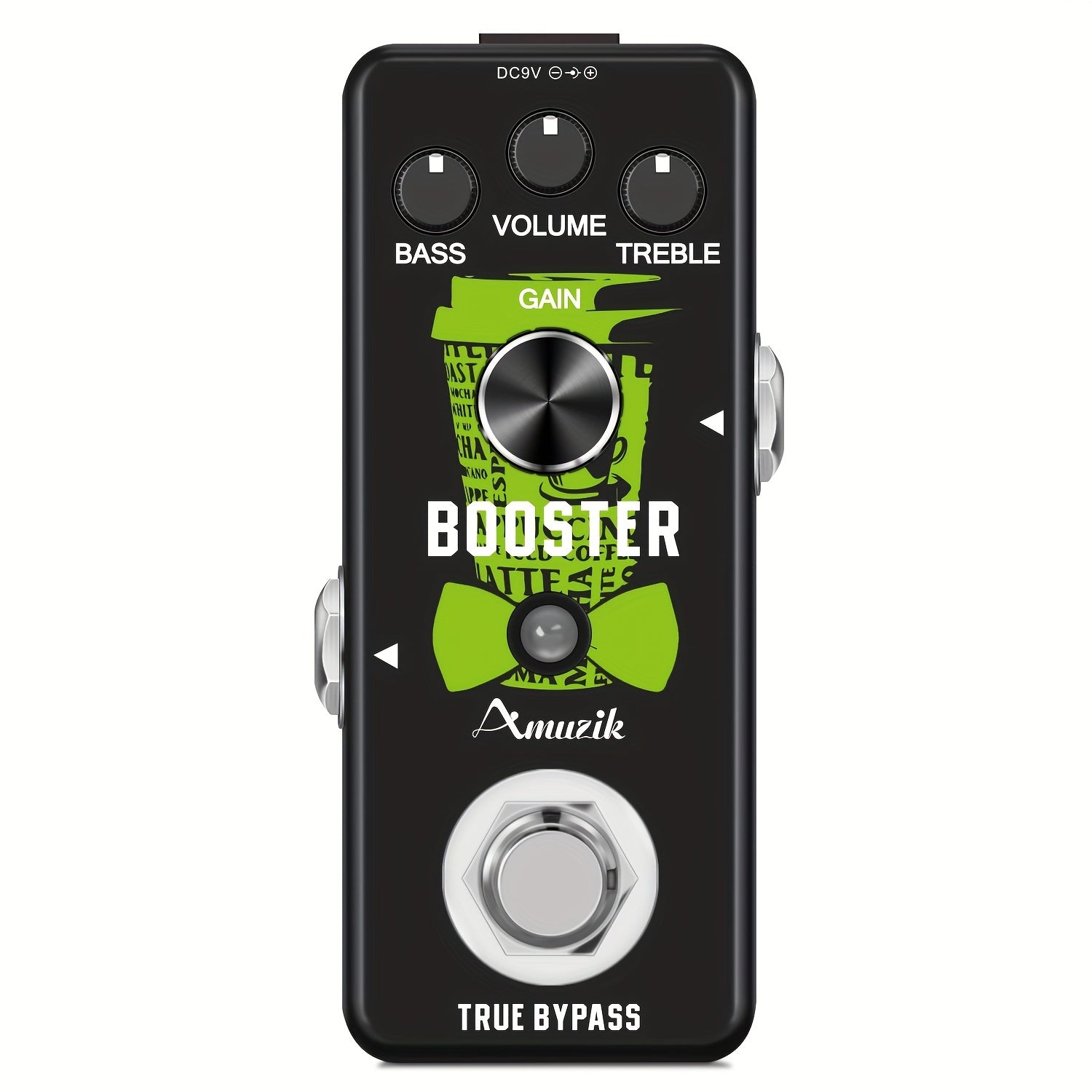 Amplificador de efecto de guitarra Amuzik Mini Booster, aleación de aluminio negro, verdadero aumento de ganancia, señal analógica, control de perilla, cableado, ≤36V, no requiere batería