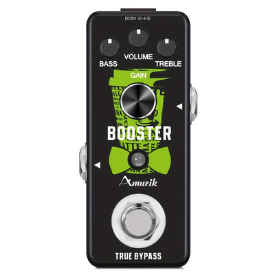 Amplificador de efecto de guitarra Amuzik Mini Booster, aleación de aluminio negro, verdadero aumento de ganancia, señal analógica, control de perilla, cableado, ≤36V, no requiere batería