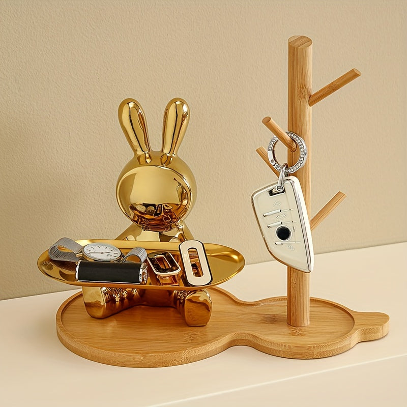 Bandeja de cerámica moderna con forma de conejo para almacenamiento - Soporte de madera, ideal como organizador de llaves y joyas, perfecto para decorar la entrada.
