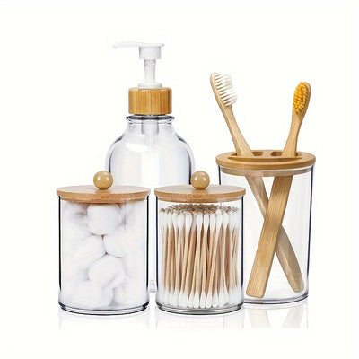 Juego de 4 Accesorios para Baño, Dispensador de Jabón, Portacepillos, 2 Tarros para Hisopos, Decoración Rústica Boho, Set Marrón