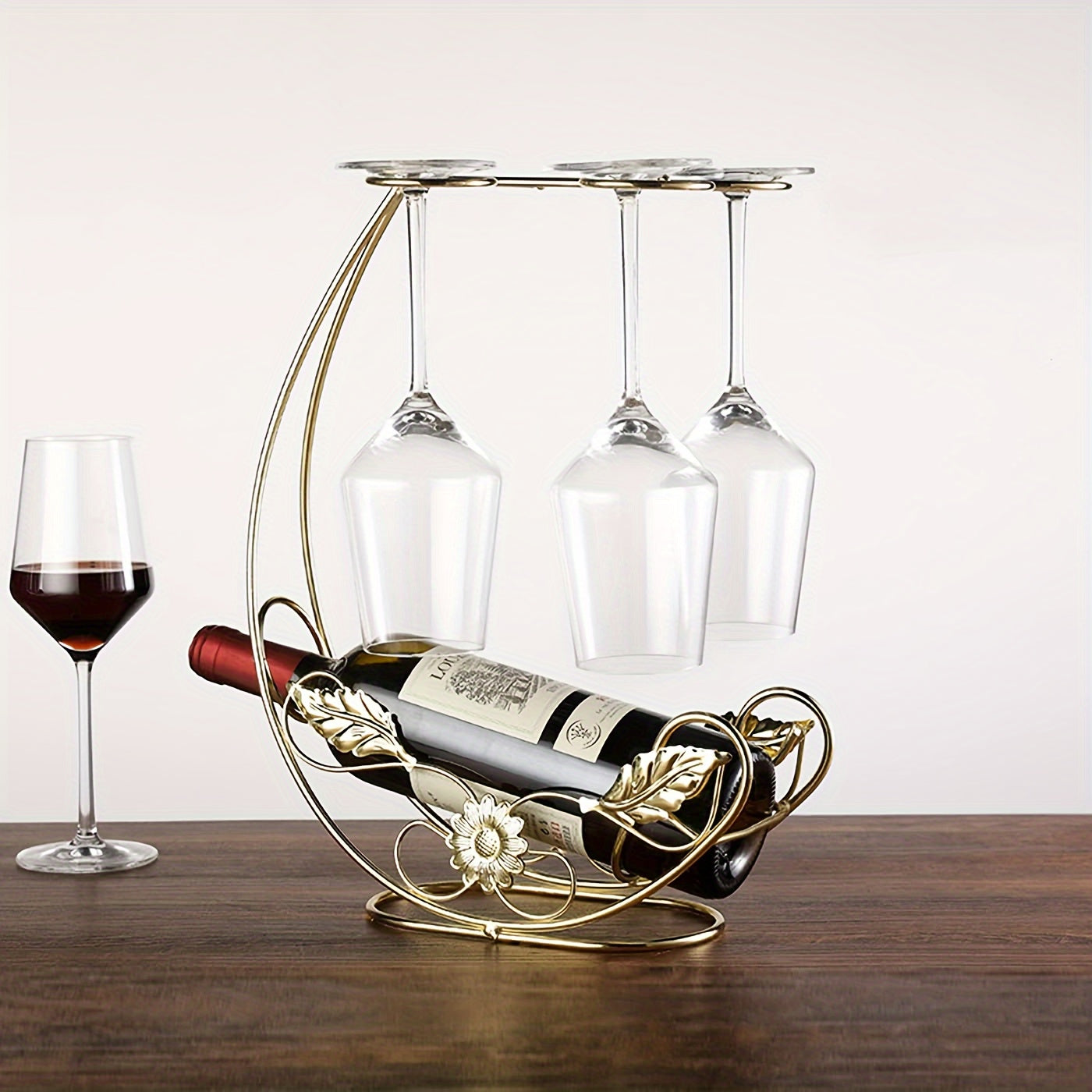 Estante de copas de vino de hierro contemporáneo - Soporte vertical para botellas de metal, soporte para copas de mesa, exhibición de copas de vino al revés, capacidad para 1 botella y 4 copas, no requiere ensamblaje