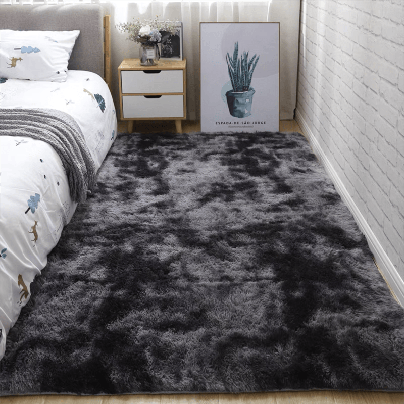 Alfombra de felpa suave y lujosa de poliéster, efecto tie-dye, diseño con degradado de gris a negro, ideal para decoración de dormitorio y sala, solo lavado a mano, cubrepiso para dormitorio, alfombra moderna de felpa, alfombra mullida para áreas, tapete