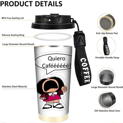 1 ud. Vaso de Acero Inoxidable de 18 oz con Diseño de Dibujos Animados de Mafalda y Texto "¿QUÉ COFFEEEEE!" - Termo Reutilizable Antifugas, Solo Lavado a Mano, Idea de Regalo para Amantes del Café, Accesorios para Cafetería