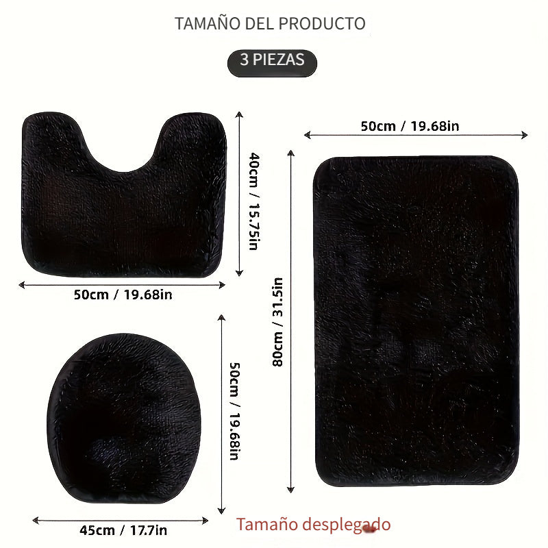 Juego de 3 Alfombras Antideslizantes para Baño - Incluye Tapete para Inodoro en Forma de U, Cubierta para Tapa y Cortina Decorativa para Ducha
