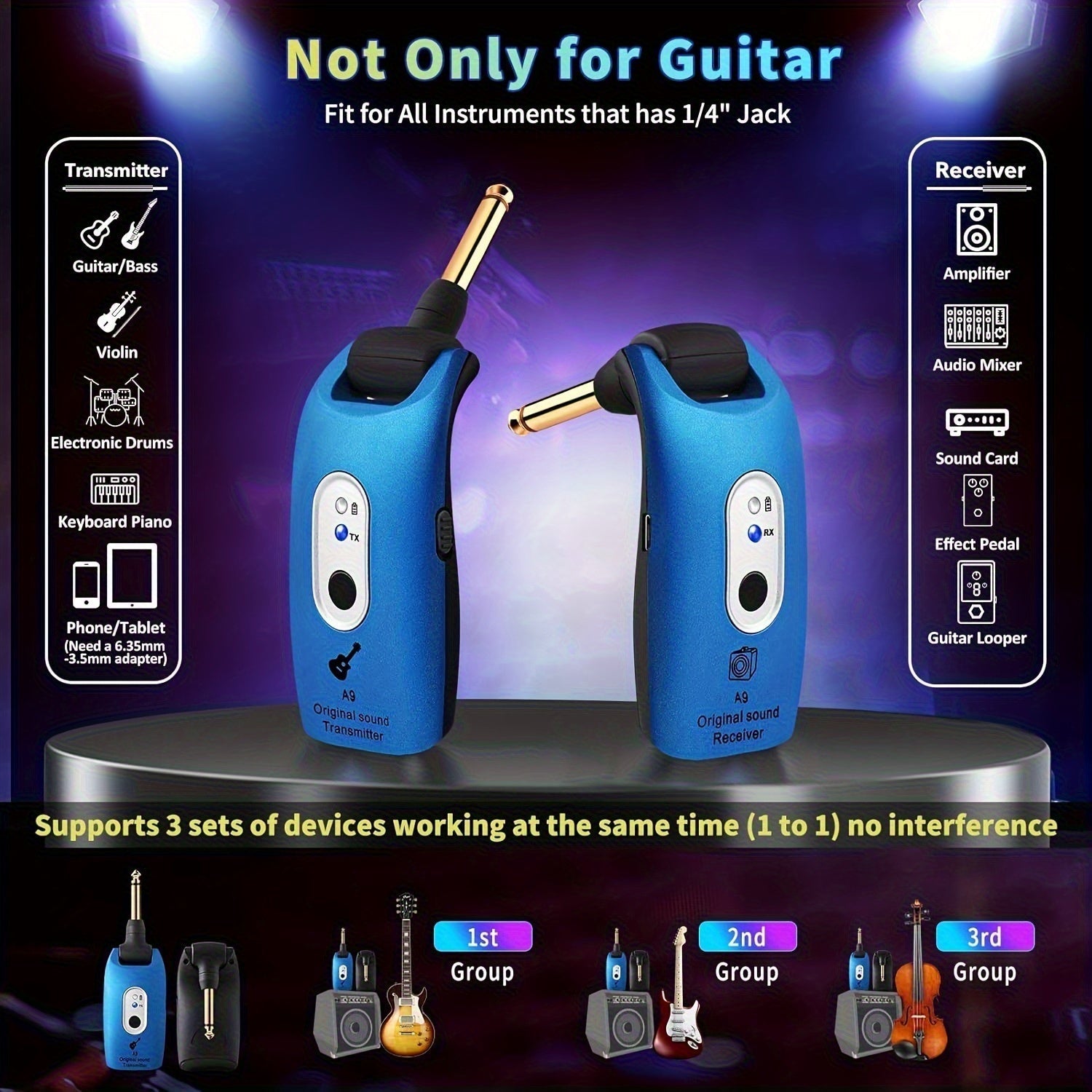 2pcs/1pc Sistema sin varillas de Guitarra 2.4GHz - Plug & Play con Sincronización Automática, Transmisor y Receptor XLR Recargable con Sincronización en 3 Segundos, 0.3W para Guitarras, Bajos, Instrumentos de Viento, Karaoke Doméstico, Equipo Musical, Di