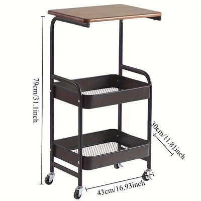 Carro de almacenamiento de 3 niveles con parte superior de madera – Organizador de metal versátil para cocina, dormitorio, oficina y más – Negro con ruedas blancas, Organizador de oficina | Carro de almacenamiento elegante | Estante con parte superior de