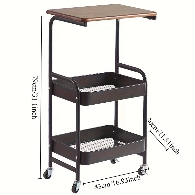 Carro de almacenamiento de 3 niveles con parte superior de madera – Organizador de metal versátil para cocina, dormitorio, oficina y más – Negro con ruedas blancas, Organizador de oficina | Carro de almacenamiento elegante | Estante con parte superior de