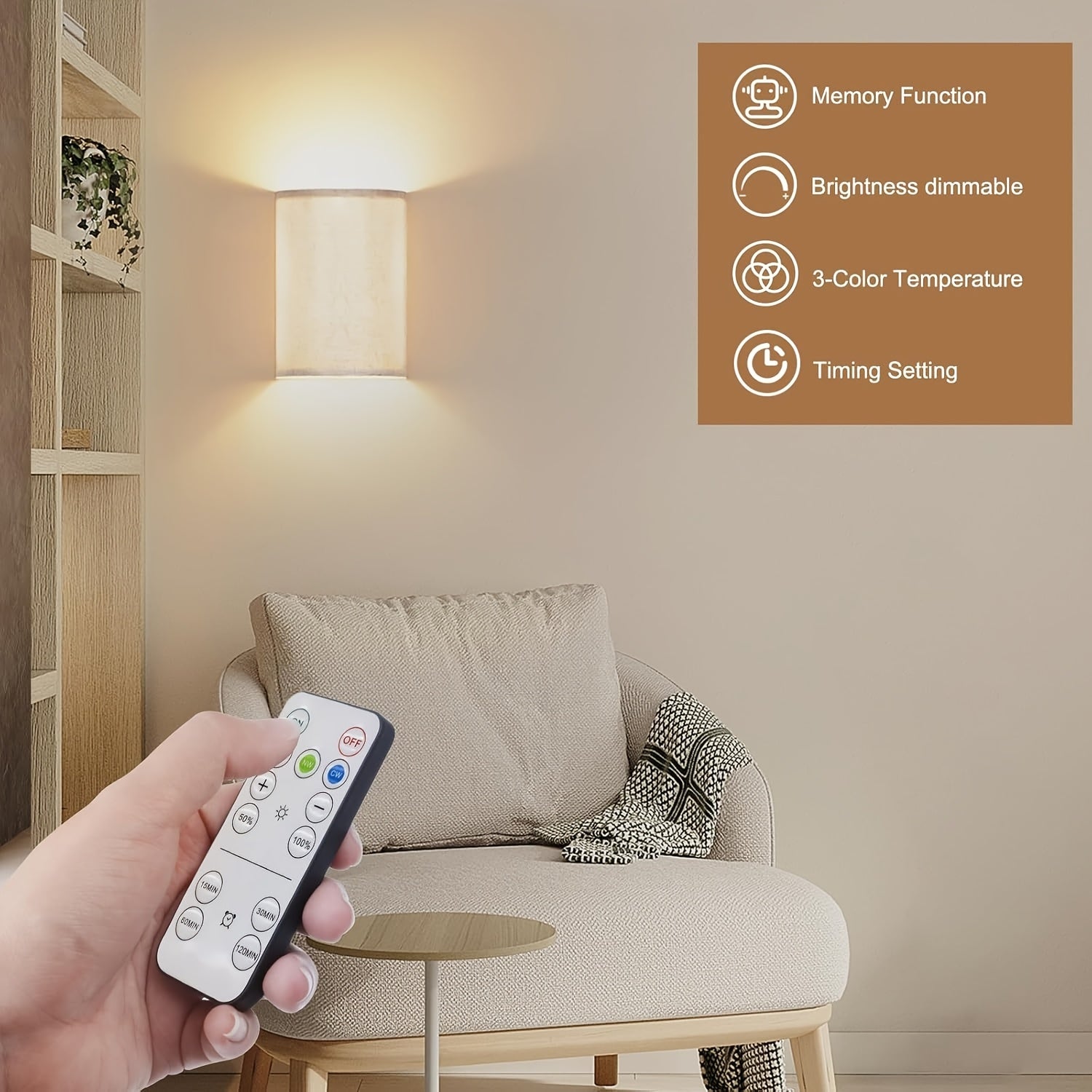 2 unidades, LED, Control remoto, CCT 3 colores/RGB 16 colores ajustables, Ajuste de brillo, Instalación magnética, Lámpara de pared de tela, Lámpara de atmósfera, Lámpara decorativa, (No incluye baterías)
