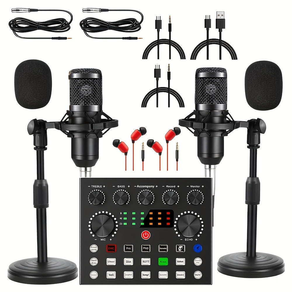 Paquete de Equipo para Podcast para 2, Interfaz de Audio V8s con Tarjeta de Sonido Todo en Uno y Micrófono Condensador BM800, Micrófono para Podcast, Perfecto para Grabación, Transmisión en Vivo