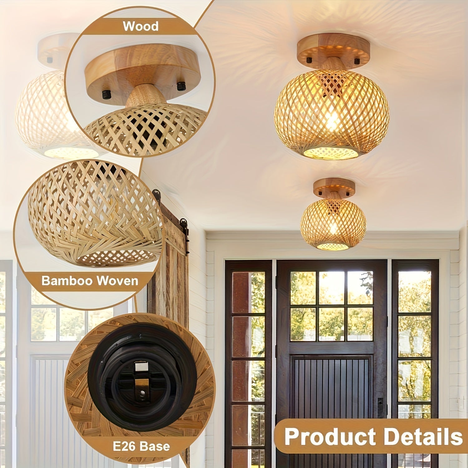 1pc Lámpara de techo de bambú tejida a mano - Estilo Bohemio, Eficiente en energía con base E26, Ideal para salón, dormitorio, cocina, pasillo, Iluminación de cocina | Iluminación de estilo bohemio | Lámpara de techo tejida a mano