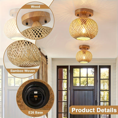 1pc Lámpara de techo de bambú tejida a mano - Estilo Bohemio, Eficiente en energía con base E26, Ideal para salón, dormitorio, cocina, pasillo, Iluminación de cocina | Iluminación de estilo bohemio | Lámpara de techo tejida a mano