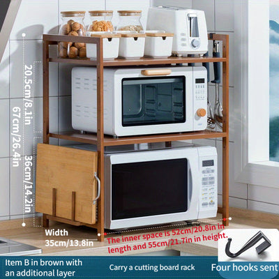 Un estante protector de bambú para hornos microondas y horno, un conjunto de almacenamiento que ahorra espacio para tarros de condimentos de cocina, una combinación de estantes de almacenamiento y un organizador multifuncional para salones y dormitorios