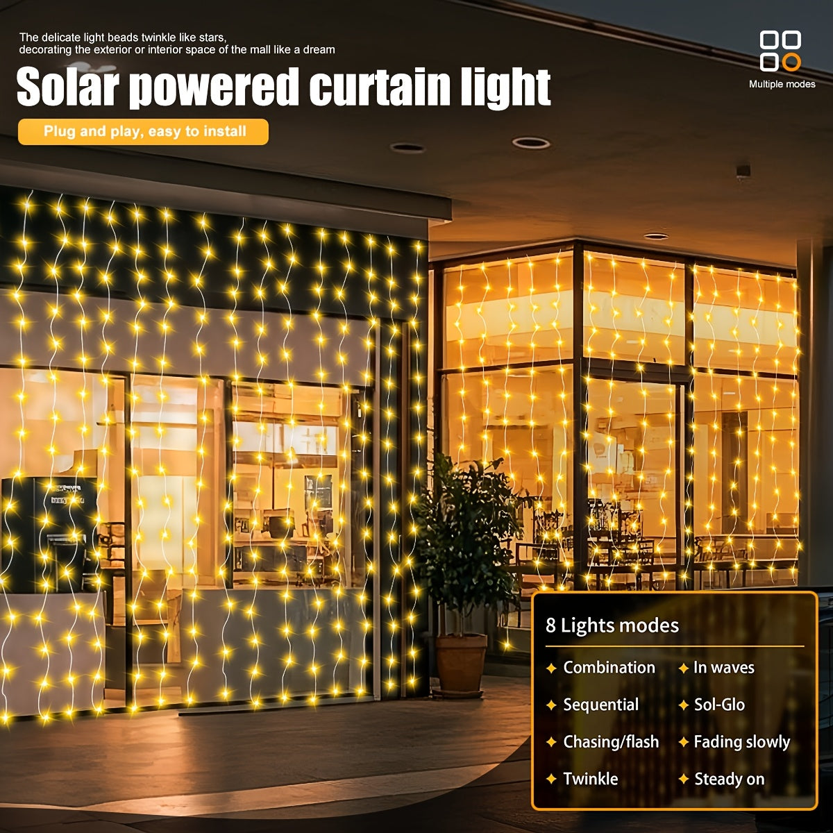 1pc 100/200/300 luces de cuerda de hada LED alimentadas por energía solar para exterior, 8 modos, luces de hada, IP44, color blanco, batería de níquel solar no extraíble 600mAh, parpadeo, control de sensor de luz, con carga solar, para Mardi Gras, Navida