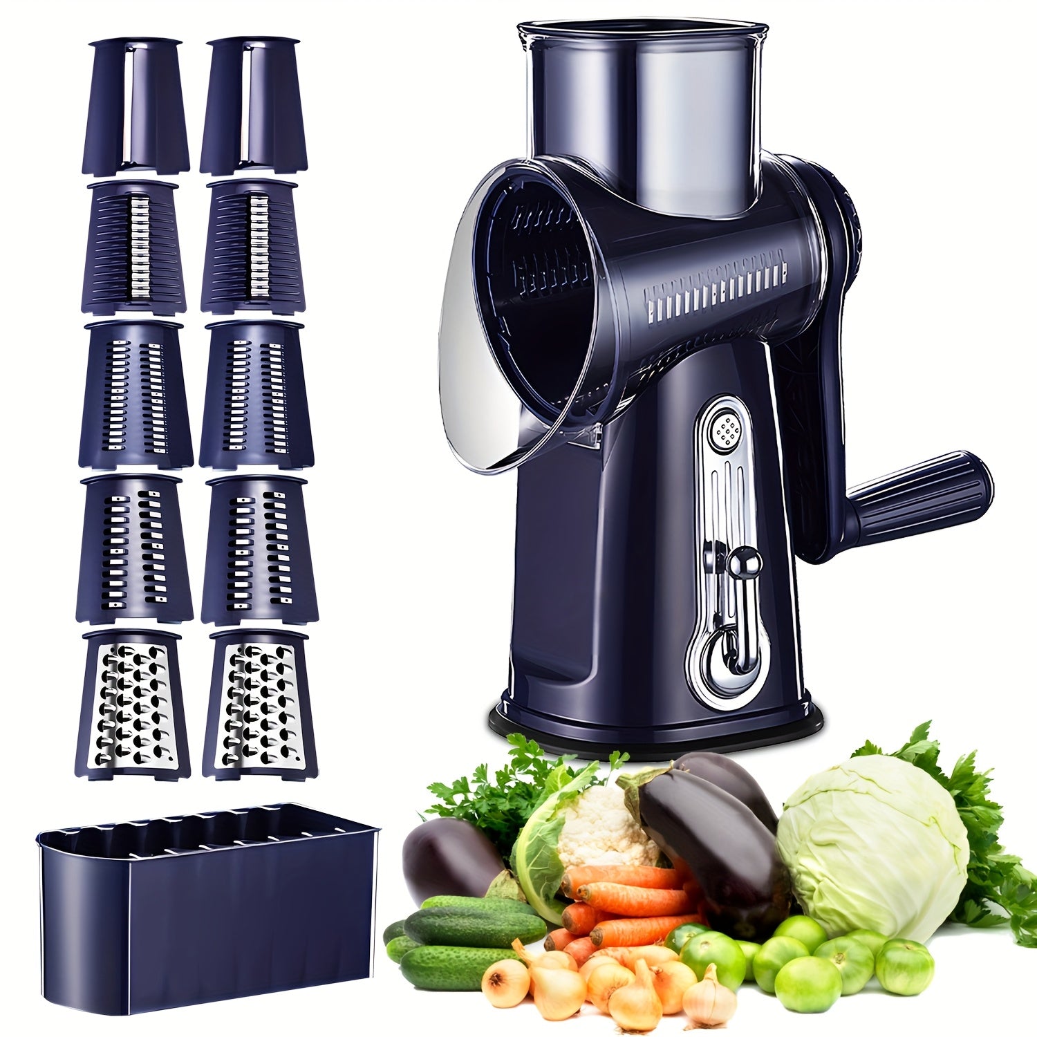 5 en 1, rallador de queso y cuchilla de verduras con mano de viento, cuchillas intercambiables de acero inoxidable, base de succión fuerte, fácil de limpiar, regalo ideal para la cocina, azul marino
