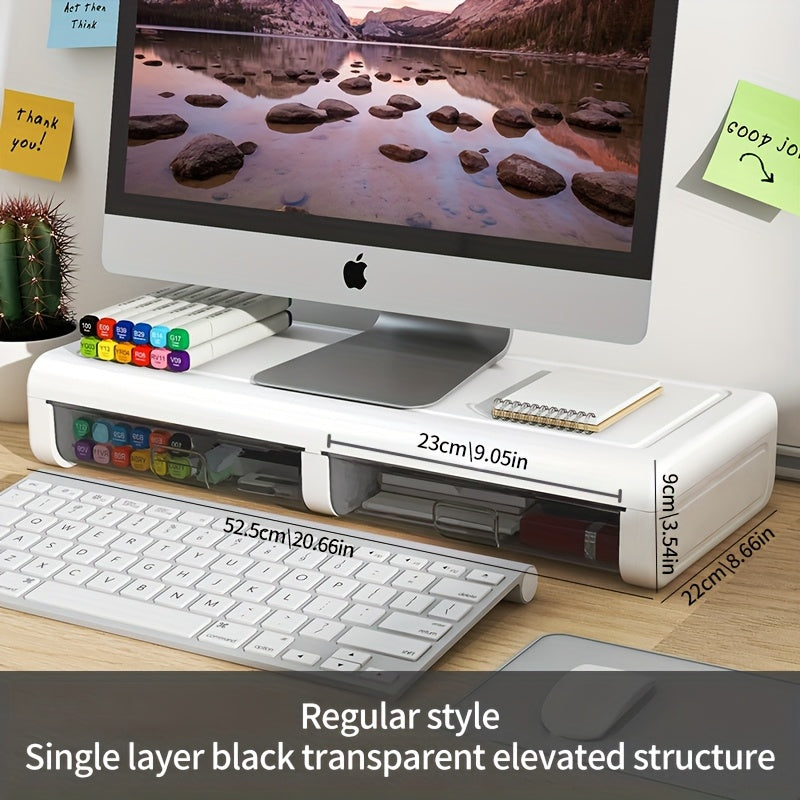Soporte ergonómico grande para monitores con cajones - Organizador de escritorio telescópico ajustable para computadoras y portátiles, estilo clásico, material plástico, ideal para la organización del hogar y la oficina, almacenamiento de escritorio.