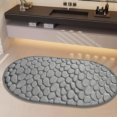 1pc Alfombra de Baño Ovalada con Patrón de Guijarros, Absorbente y Antideslizante, Alfombra de Pies Suave y Cómoda, Poliéster, Suministros de Baño Ideales, Alfombra de Bañera de Lujo, Ducha - Accesorios de Decoración para el Hogar