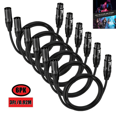 6 cables de micrófono XLR de 3 pies - Negro, conexiones de audio balanceadas de 3 pines para altavoces, mezcladores e iluminación de escenario, cables de equipo de sonido profesional | Equipo de audio profesional | Construcción de cable duradera, accesor