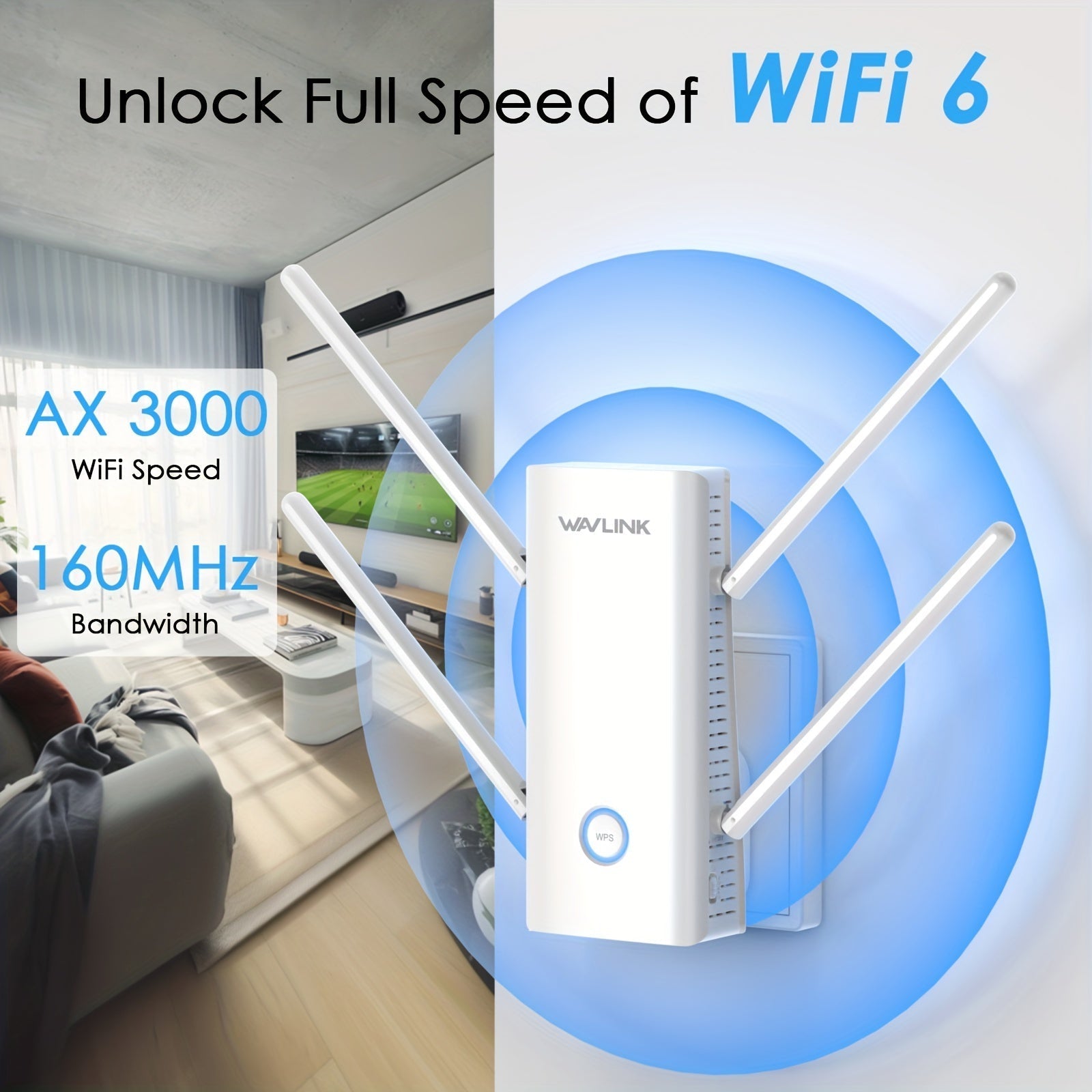WAVLINK AX3000 Repeater/AP/Router de doble banda Wi-Fi 6, amplificador de WiFi 2024 con ancho de banda de 160MHz, antenas de 4x5dBi, soporta formación de haz, coloreado de BSS, OFDMA, cubierta de hasta 2000 pies cuadrados, 256 dispositivos.