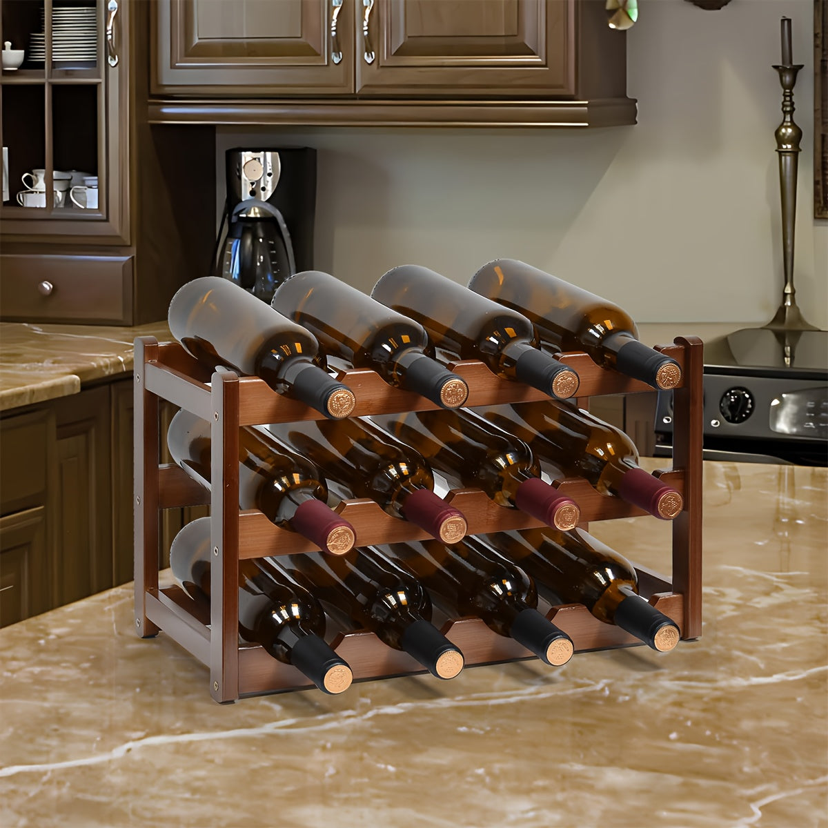 1pieza Estantería de vino de bambú, Soporte de vino apilable, estante de exhibición, organizador de almacenamiento de vino para cocina, bar, bodega de vinos