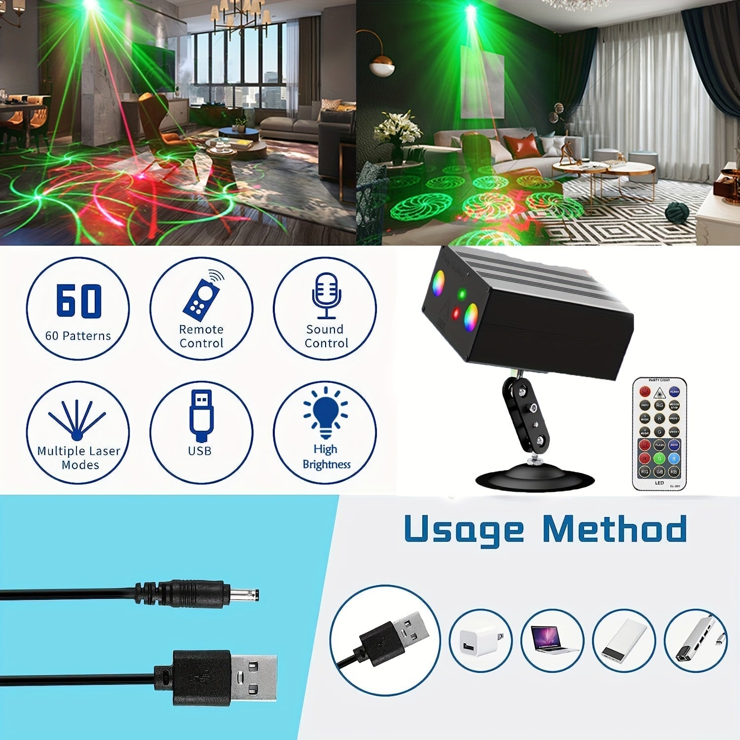 Luces de Fiesta LED Portátiles Mslitely | Luces de Discoteca Multicolor con Alimentación USB y Activación por Sonido | Cuello de Ganso Ajustable, Control Remoto y Sistema de Enfriamiento con Ventilador | Opciones de Montaje Versátiles para Decoración del