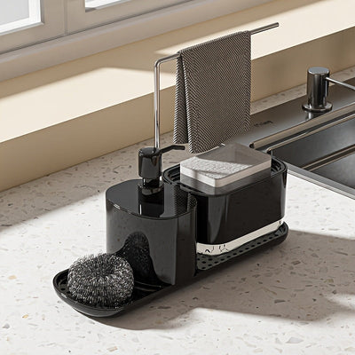 Juego de 1 dispensador de jabón y soporte para esponja 2 en 1 moderno para cocina, acero inoxidable 304, sin necesidad de electricidad o baterías, organizador para mesón de baño con bomba de jabón y dispensador de líquido para lavar platos